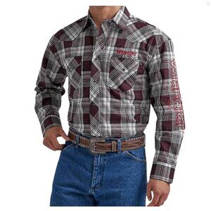 WRANGLER MEN'S LOGO LONG SLEEVE WESTERN SNAP PLAID SHIRT